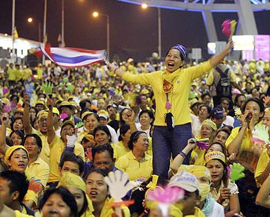 PAD protestors in the Departure area at Suvarnabhumi Airport in Bangkok